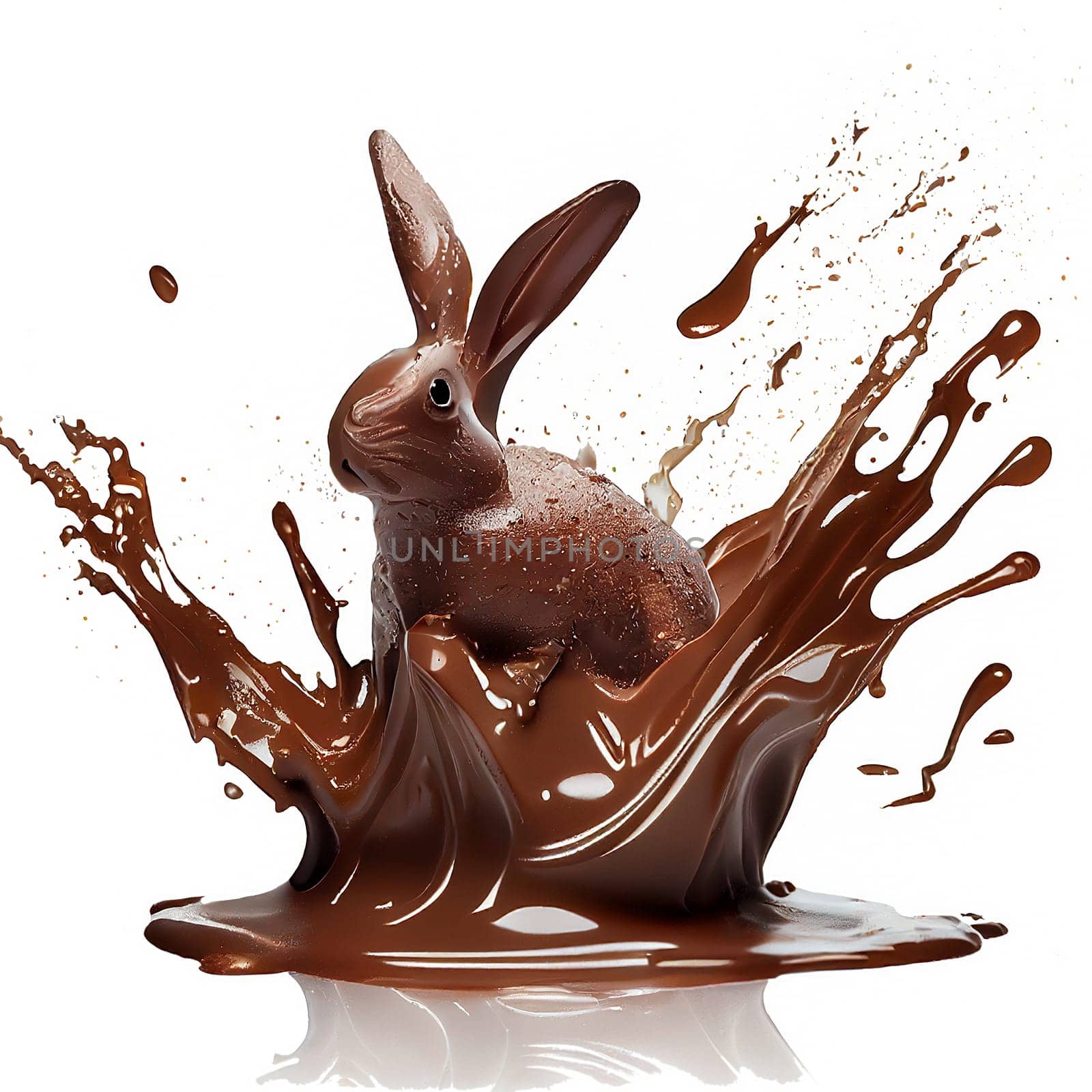 Chocolate easter bunny jumping out of the splashes, sweet food, spring holiday, generative AI