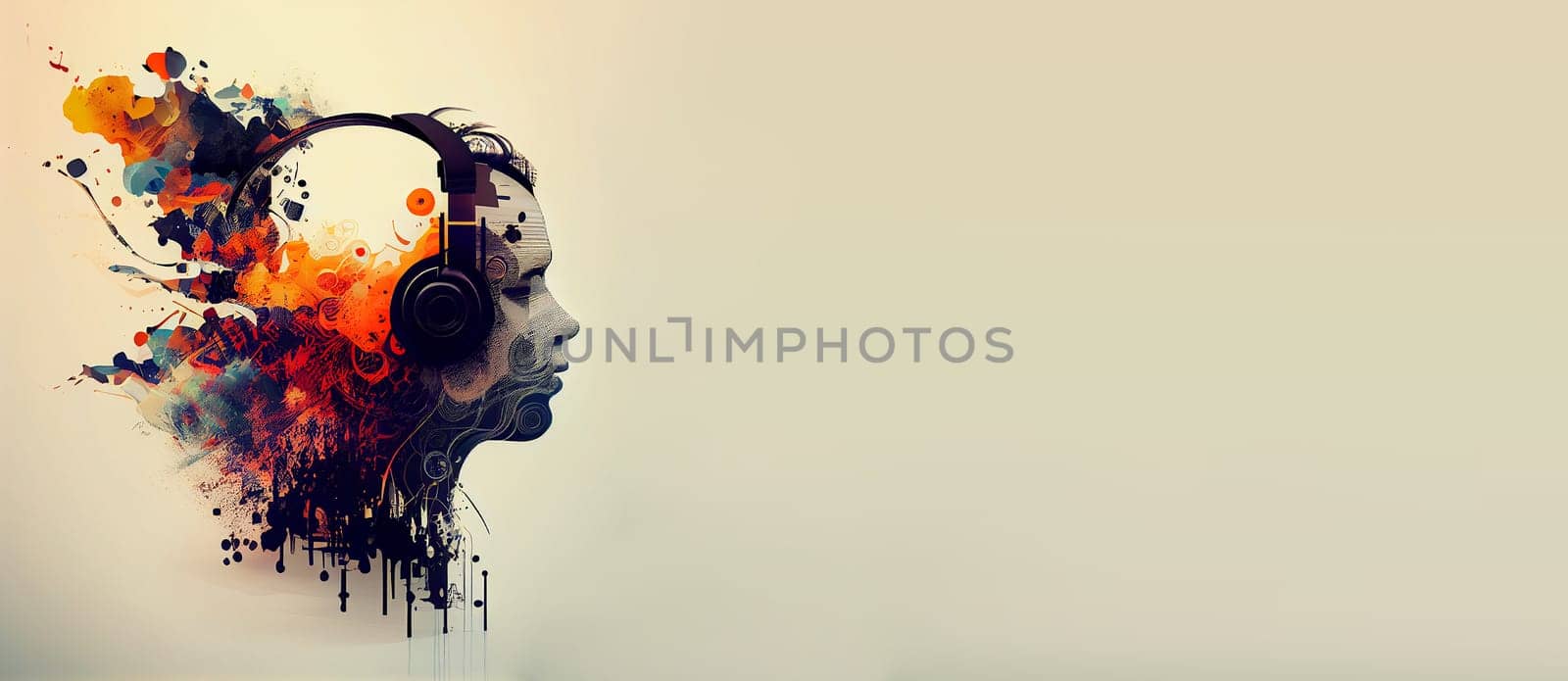 Portrait of a young woman with headphones listening to music, colorful vibes and energy, illustration, generative AI
