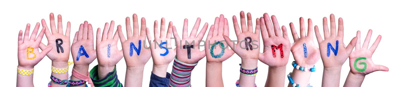 Children Hands Building Colorful English Word Brainstorming. Isolated White Background.