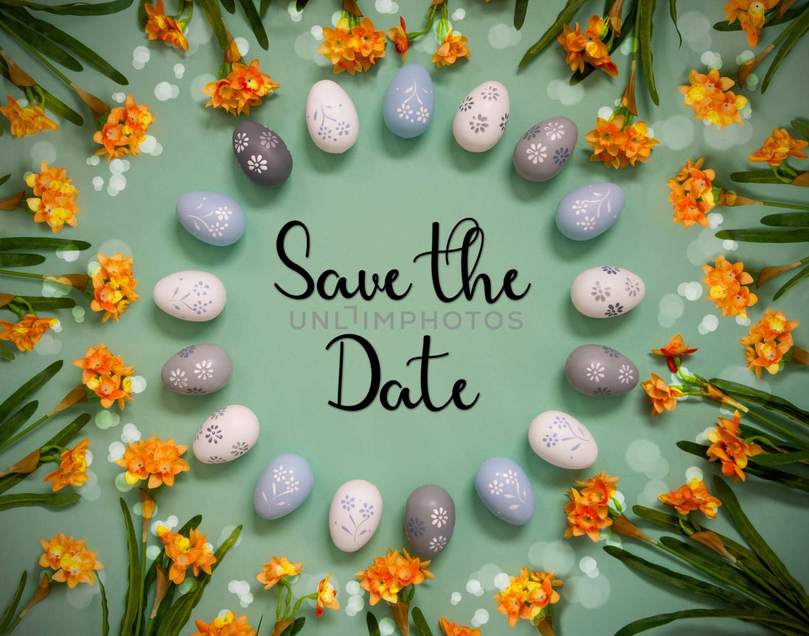 Flat Lay With English Text Save The Date. Easter Egg Decoration With Orange Spring Flowers. Light Green Paper Background With Bright And Shiny Light Effect.