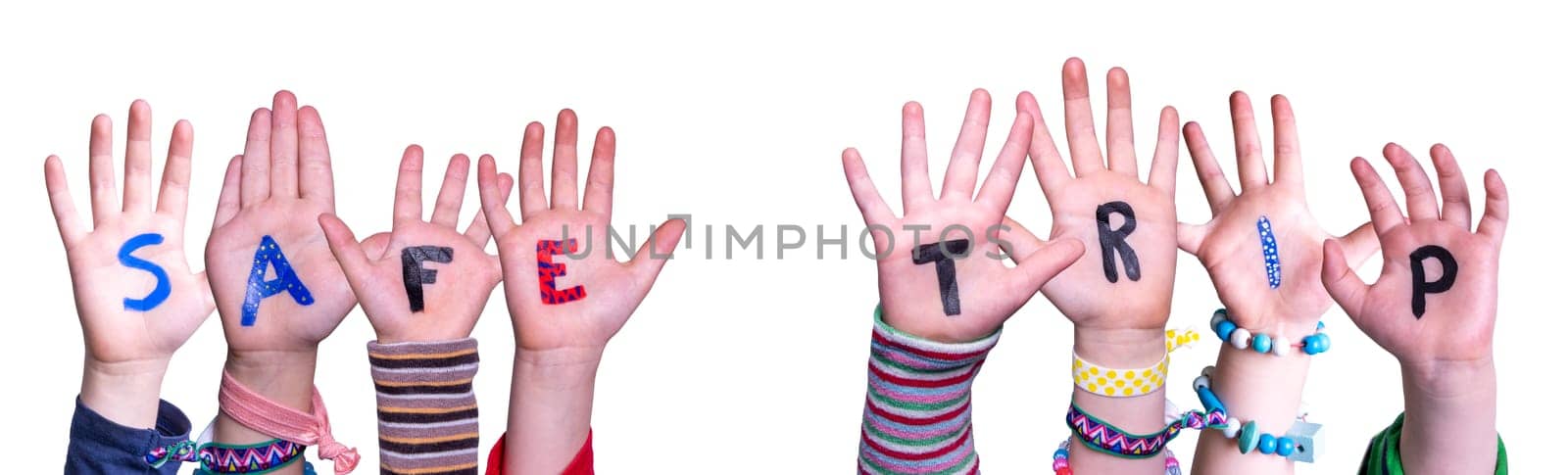 Children Hands Building Colorful English Word Safe Trip. White Isolated Background
