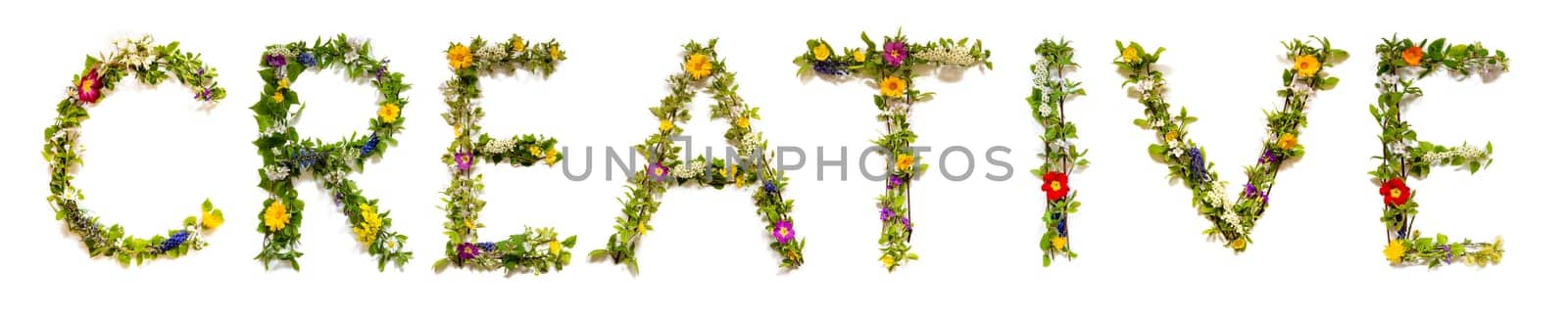 Blooming Flower Letters Building English Word Creative. Colorful Spring and Summer Blossoms. White Isolated Background.