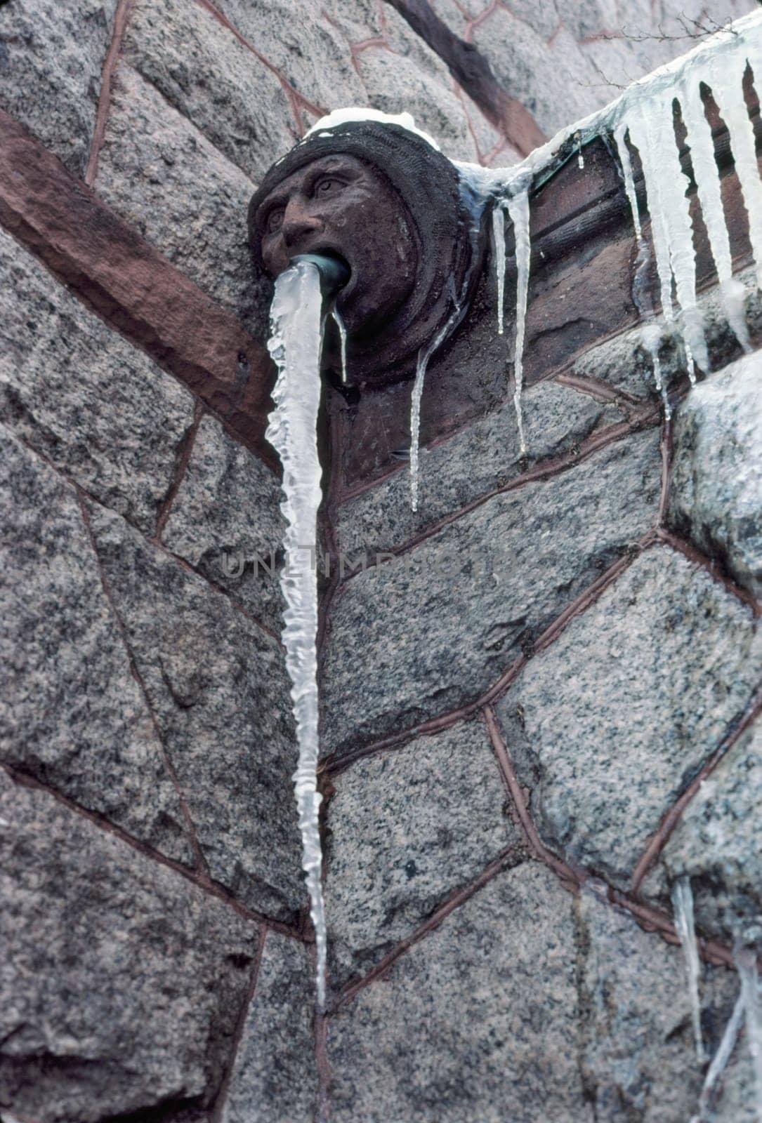 A water spout is frozen at Dartmouth College in Hanover, New Hampshire, USA.