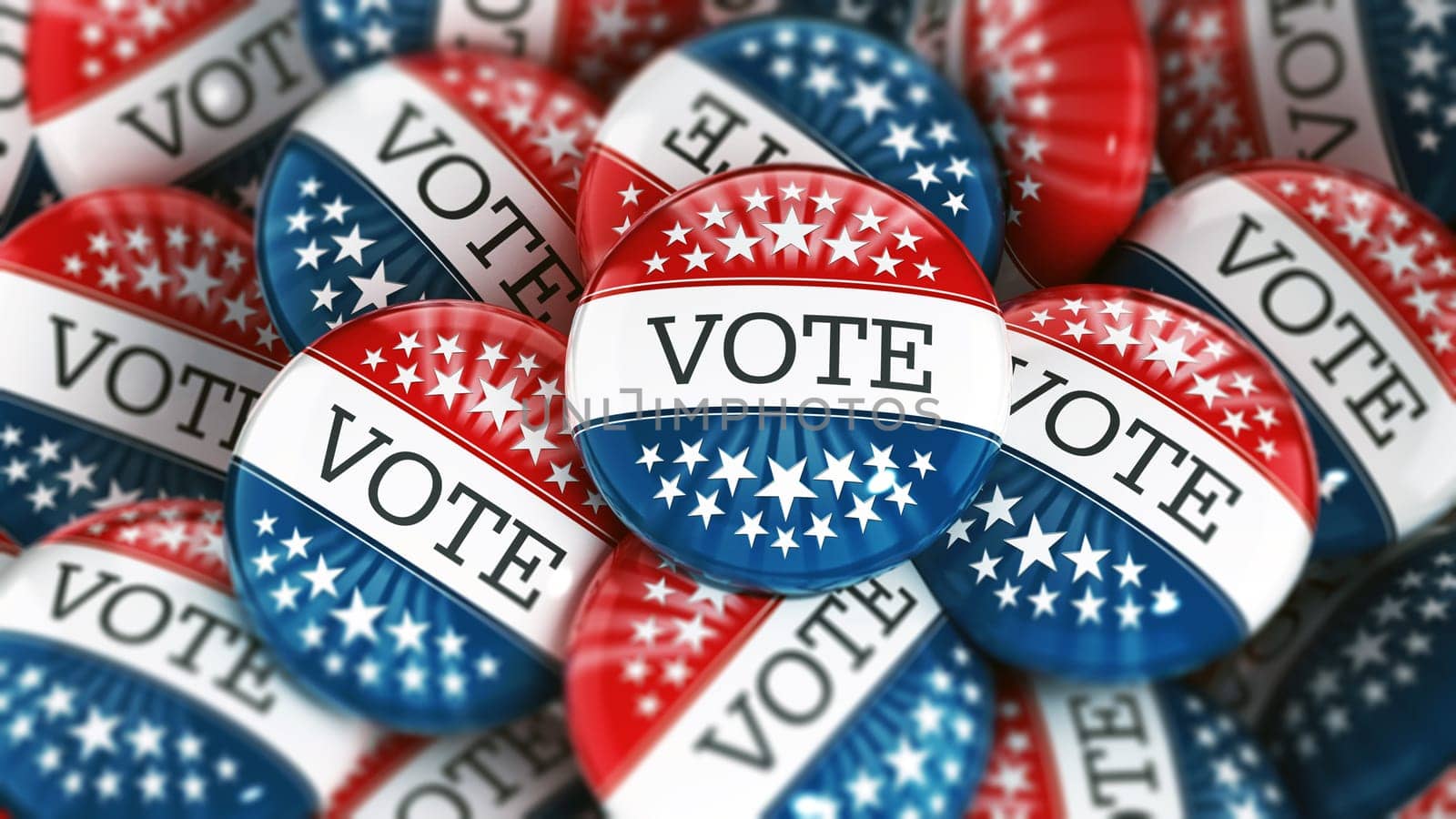 Stack of blue, red and white colored vote buttons decorated with star shapes. 3D illustration.