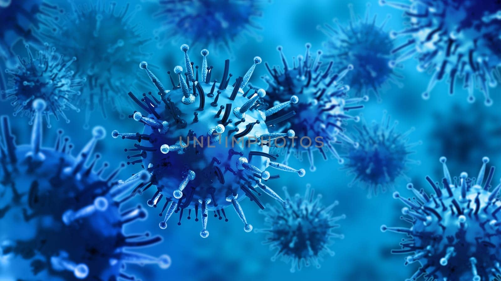 Virus or bacteria on blue background. 3D illustration.