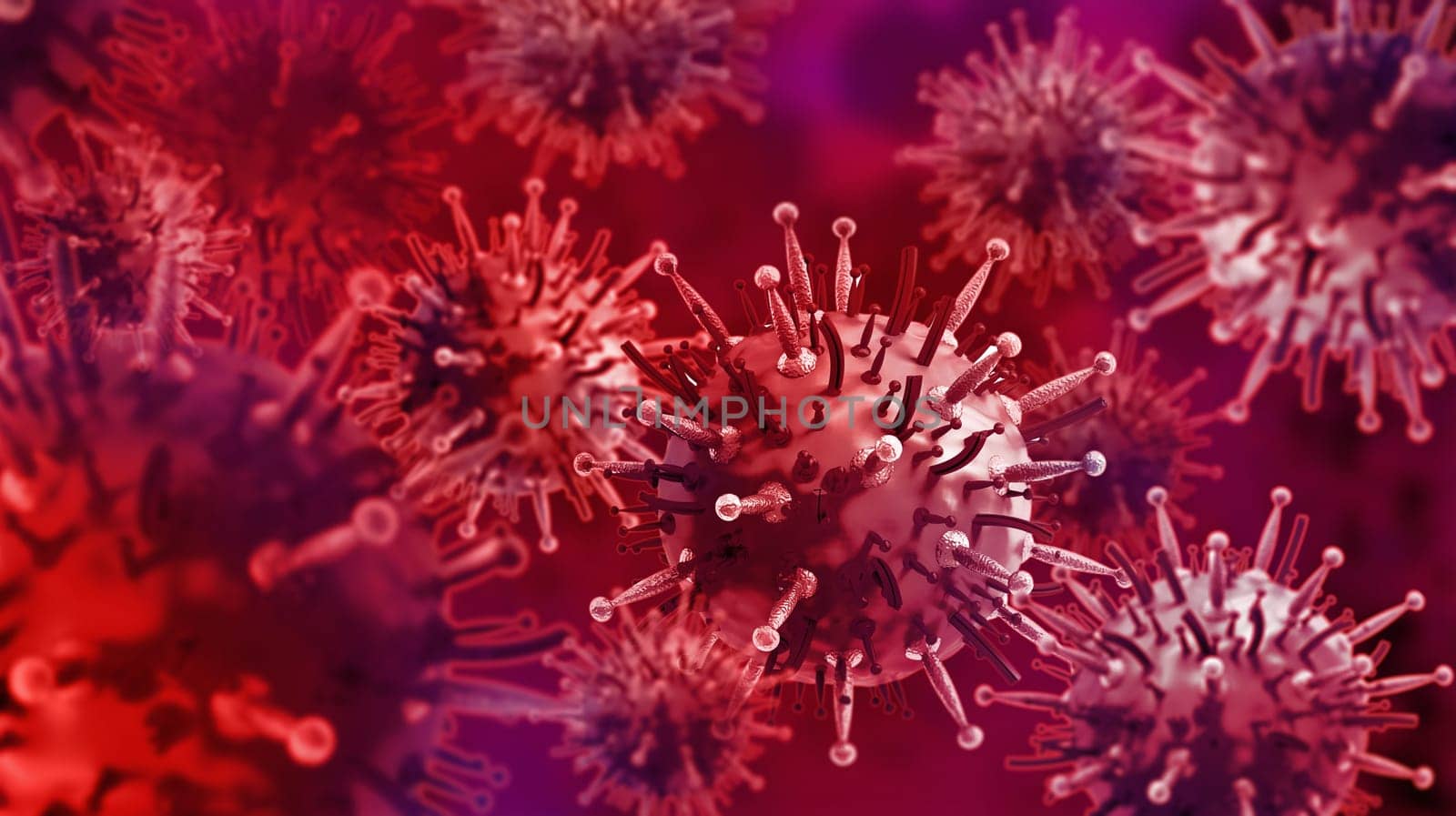 Virus or bacteria on red background. 3D illustration.