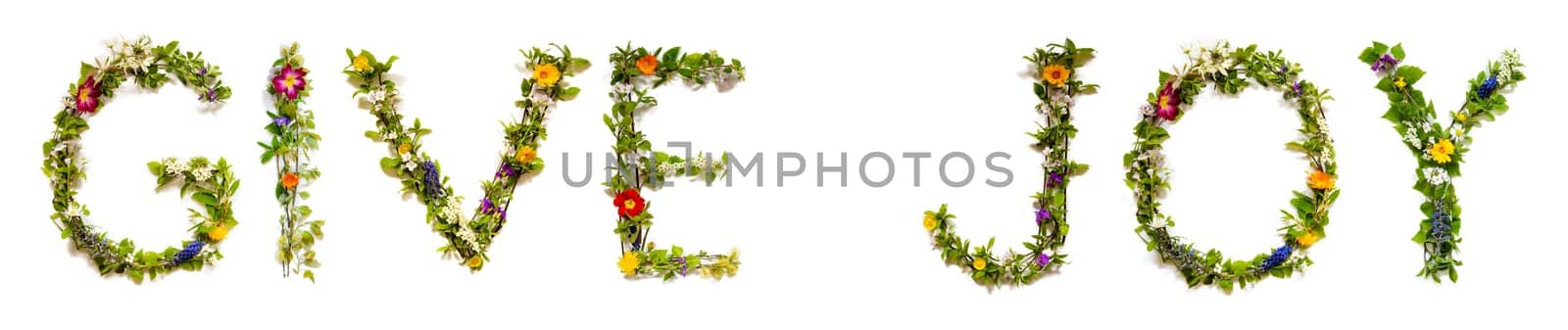 Blooming Flower Letters Building English Text Give Joy. Summer And Spring Season Blossoms And Flower Lei.