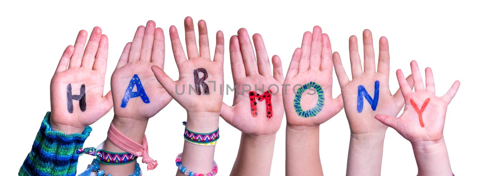 Children Hands Building Colorful English Word Harmony. Isolated White Background.