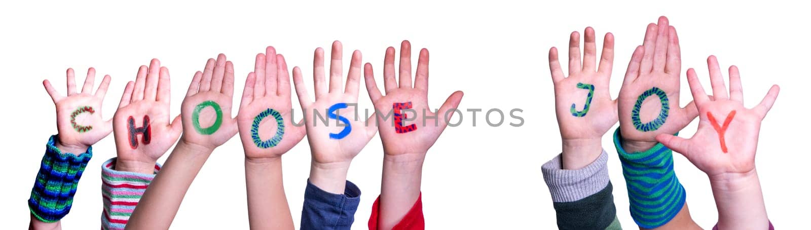 Children Hands Building Colorful English Word Choose Joy. Isolated White Background.