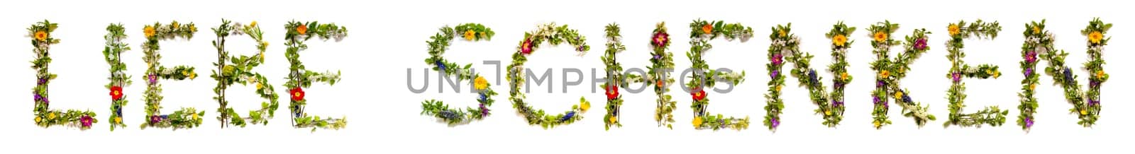 Blooming Flower Letters Building German Word Liebe Schenken Means Give Love. Colorful Spring and Summer Blossoms. White Isolated Background.