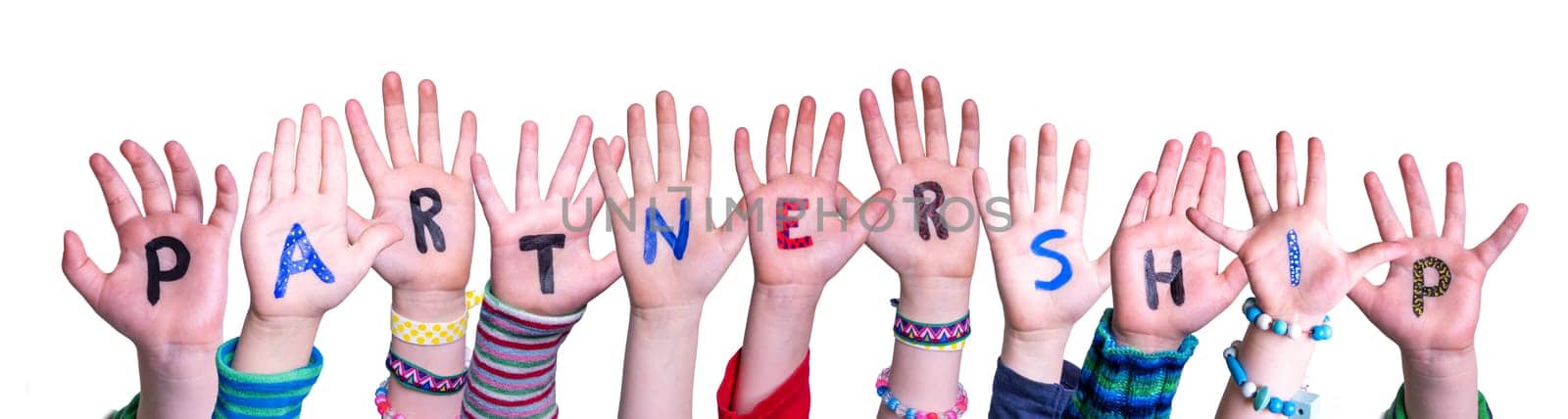 Children Hands Building Colorful English Word Partnership. White Isolated Background
