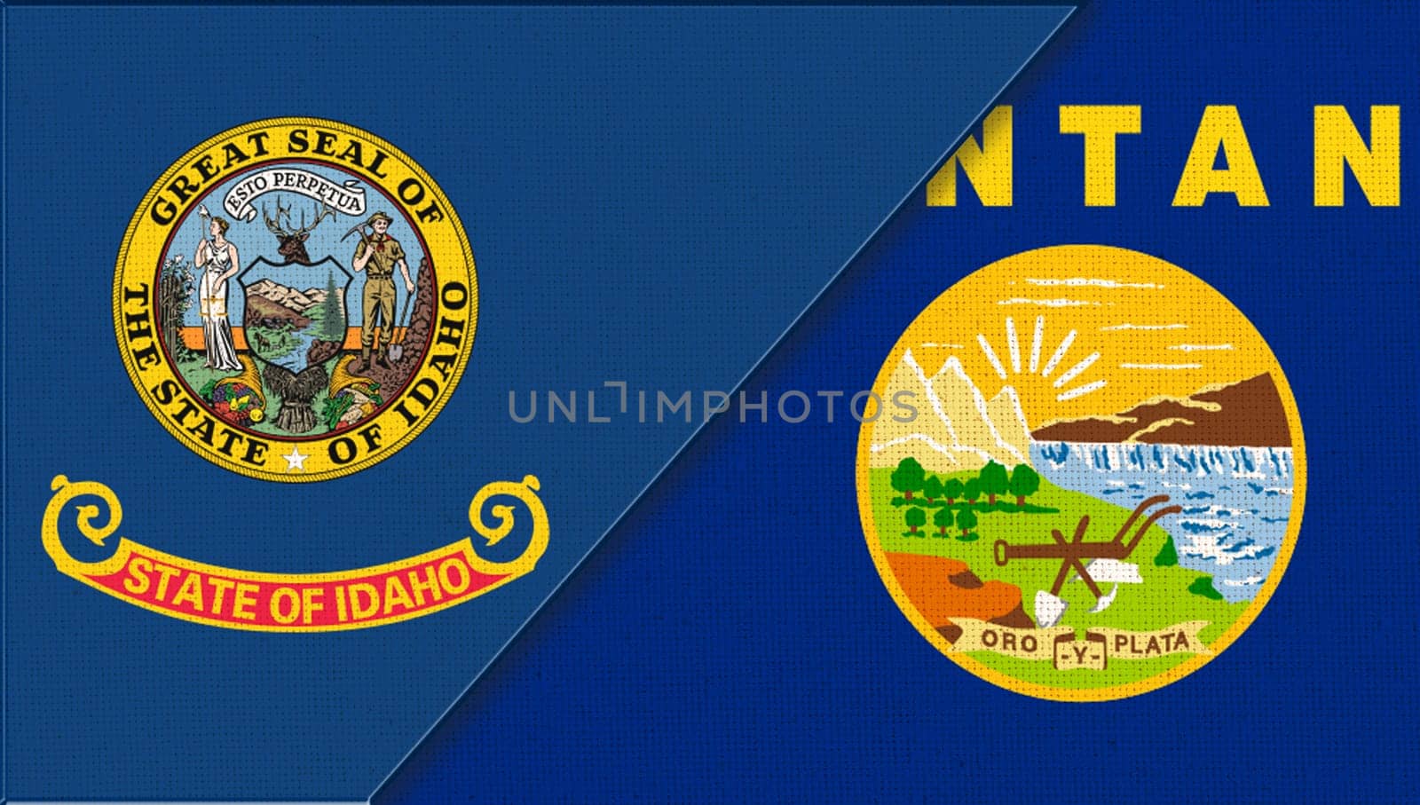 Flags of Idaho and Montana. Sports competition. sports match between Idaho and Montana. Doudle flags of Idaho and Montana fabric surface. symbol of states on fabric texture