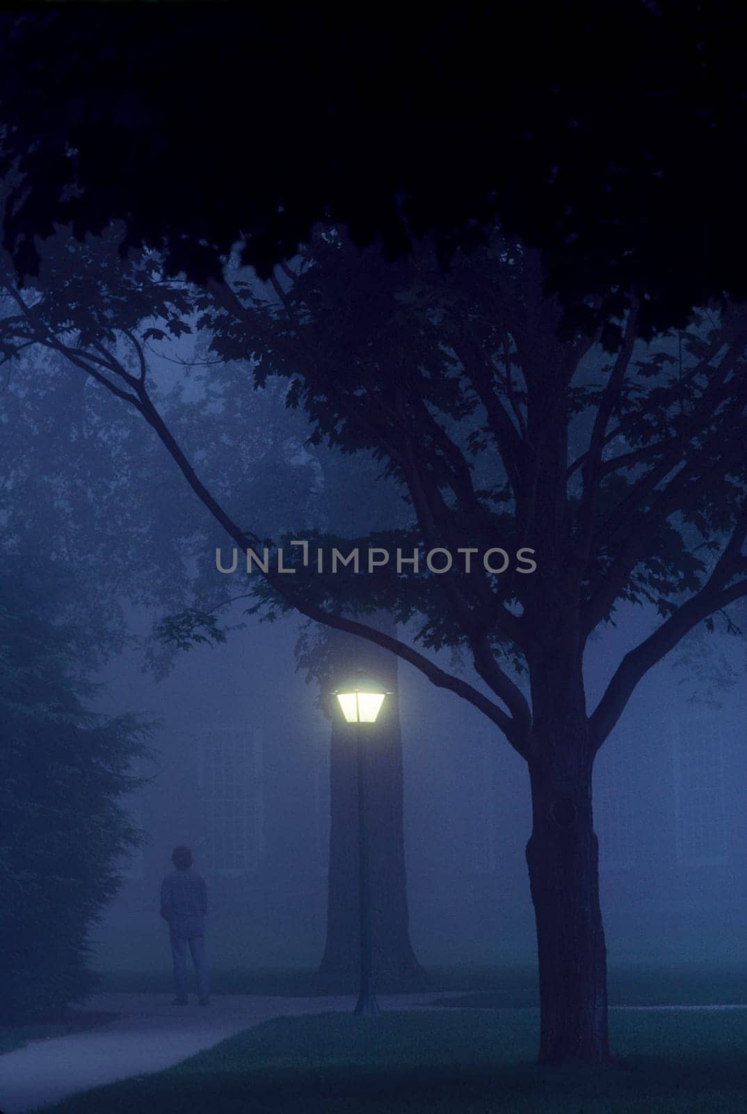 Student walks to class at Dartmouth College at dusk. New Hampshire