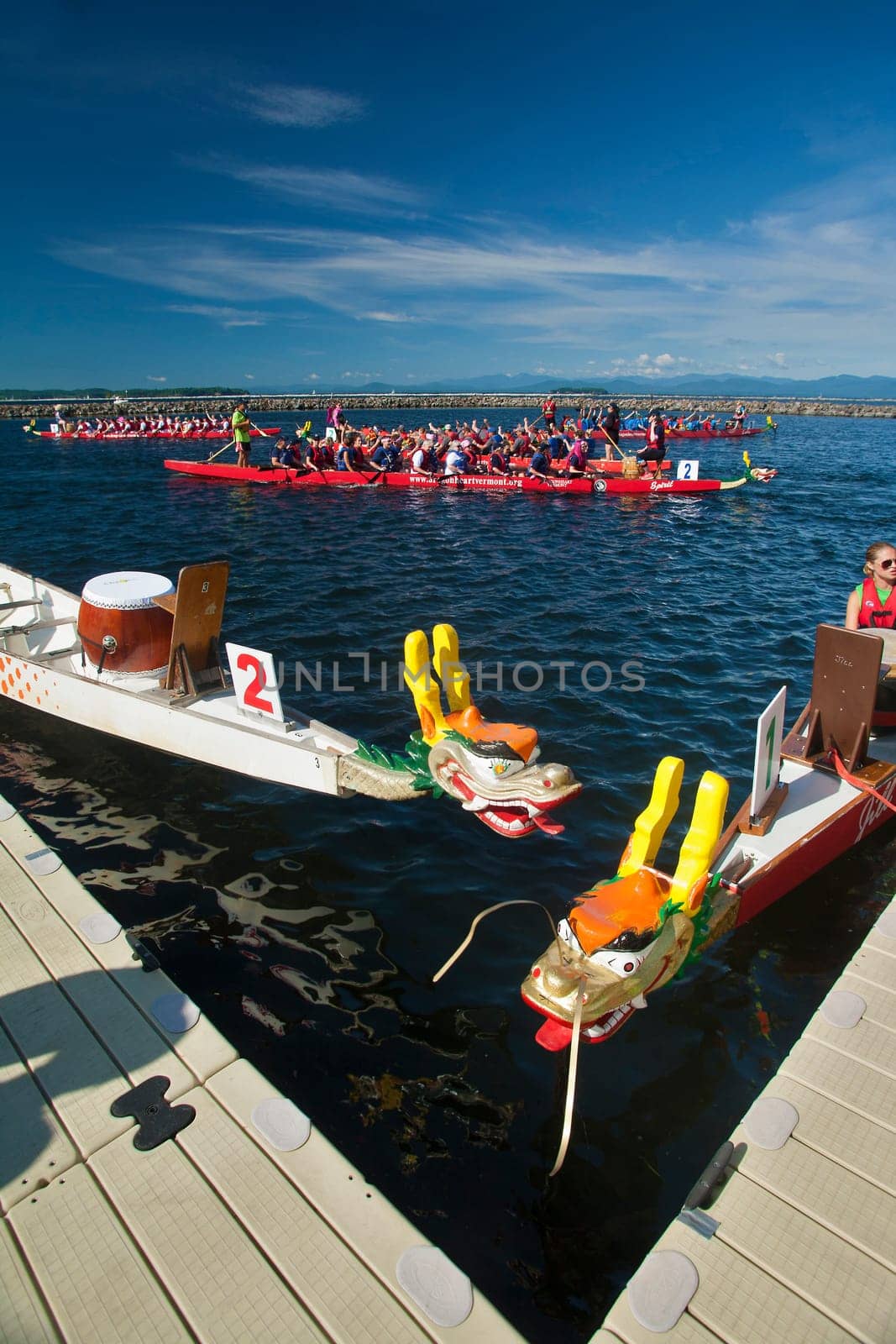 Dragon boat races on Lake Champlain in Burlington, Vermont, USA.  The races are held to raise money for breast cancer survivors.