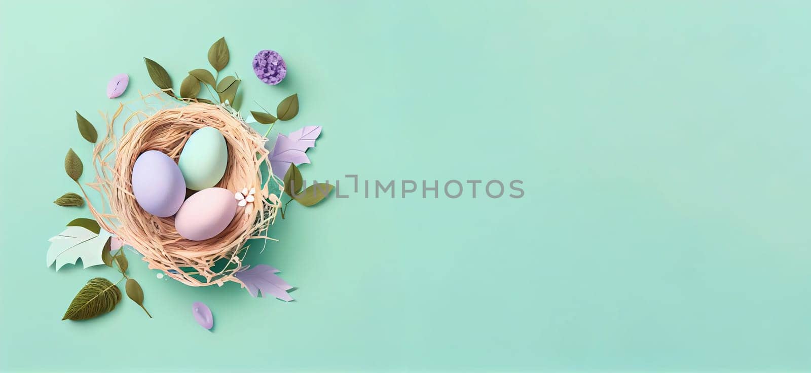 Happy Easter Day Concept. Top view easter eggs isolated on white background with copy space for text, template header for website, AI Generative