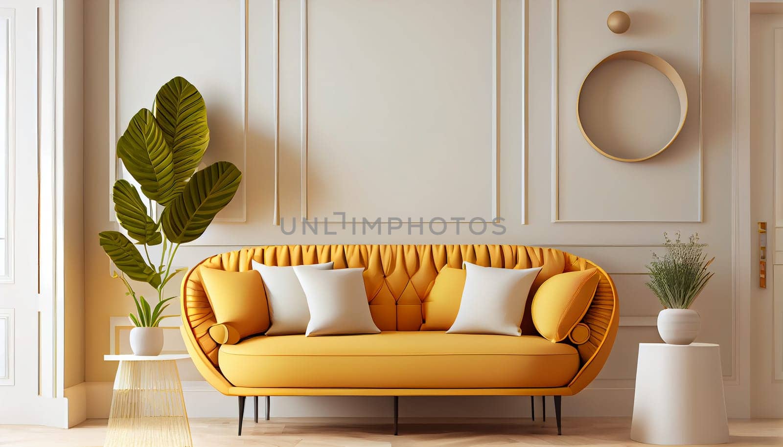 Modern interior design yellow armchair sofa in living room with and mock up poster frame in white wall at home, lifestyle living room design, empty nobody, 3D render by Generative AI