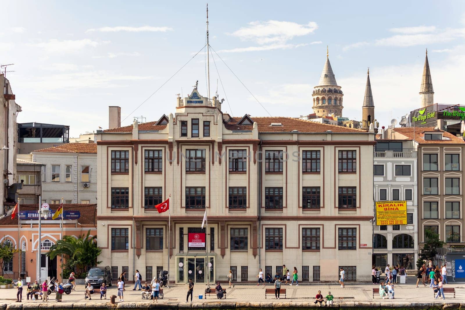 Istanbul, Turkey - September 1, 2022: Building of Istanbul Regional Port Authority, or Istanbul Bolge Liman Baskanligi, with Galata tower in the background