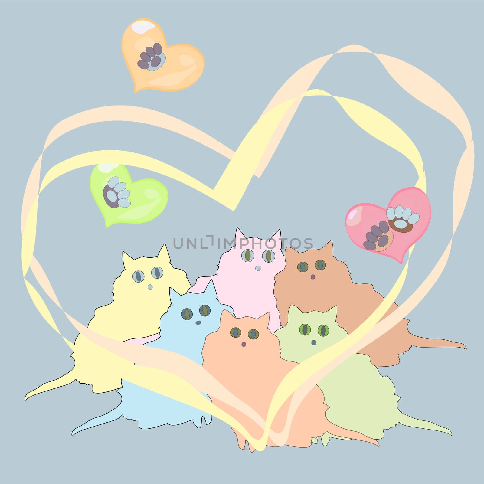 valentine card with funny colorful kittens and hearts on a delicate background