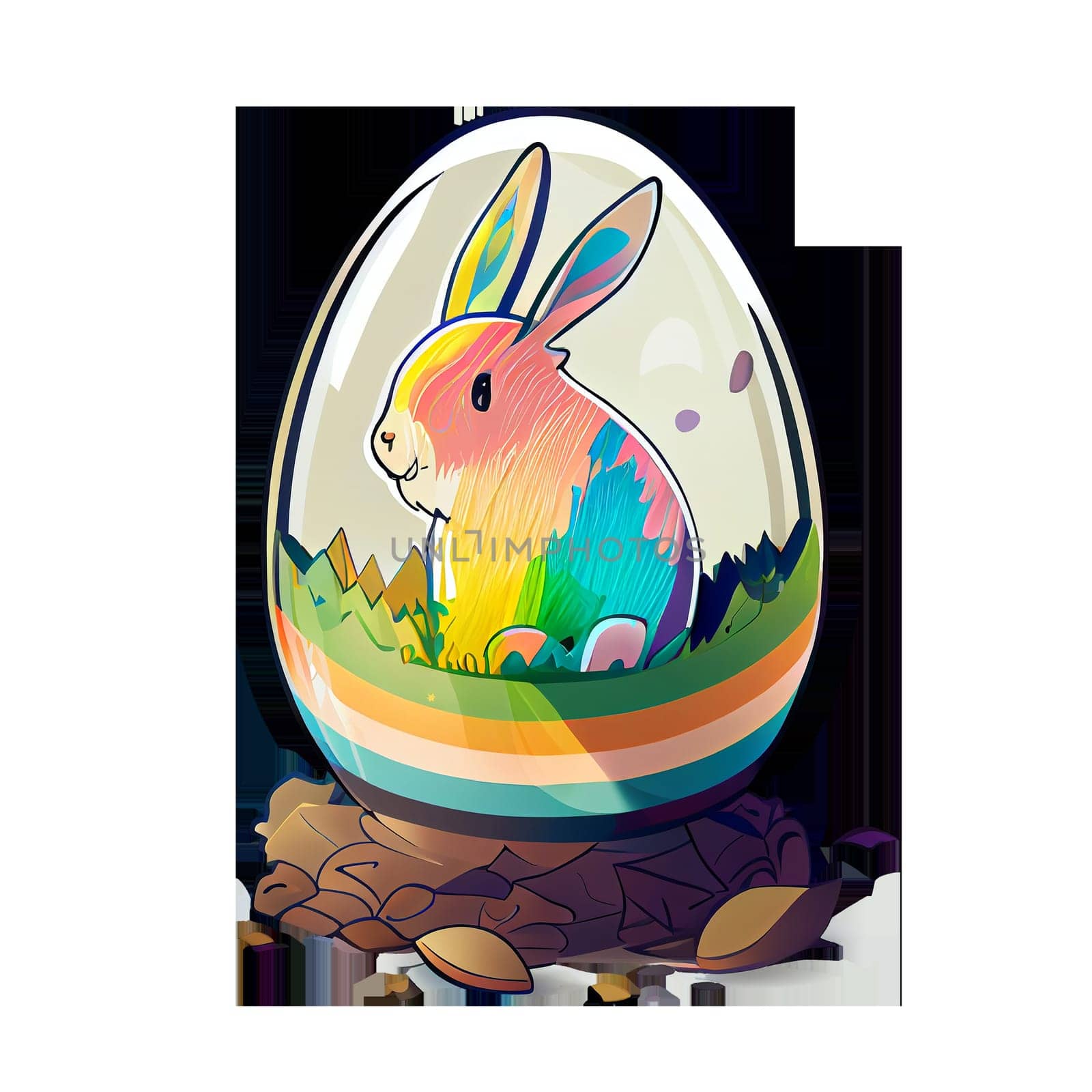 Easter Day Concept. Watercolor easter bunny in the eggs, elements illustrations, cartoon holiday painted transparent background, Generative AI