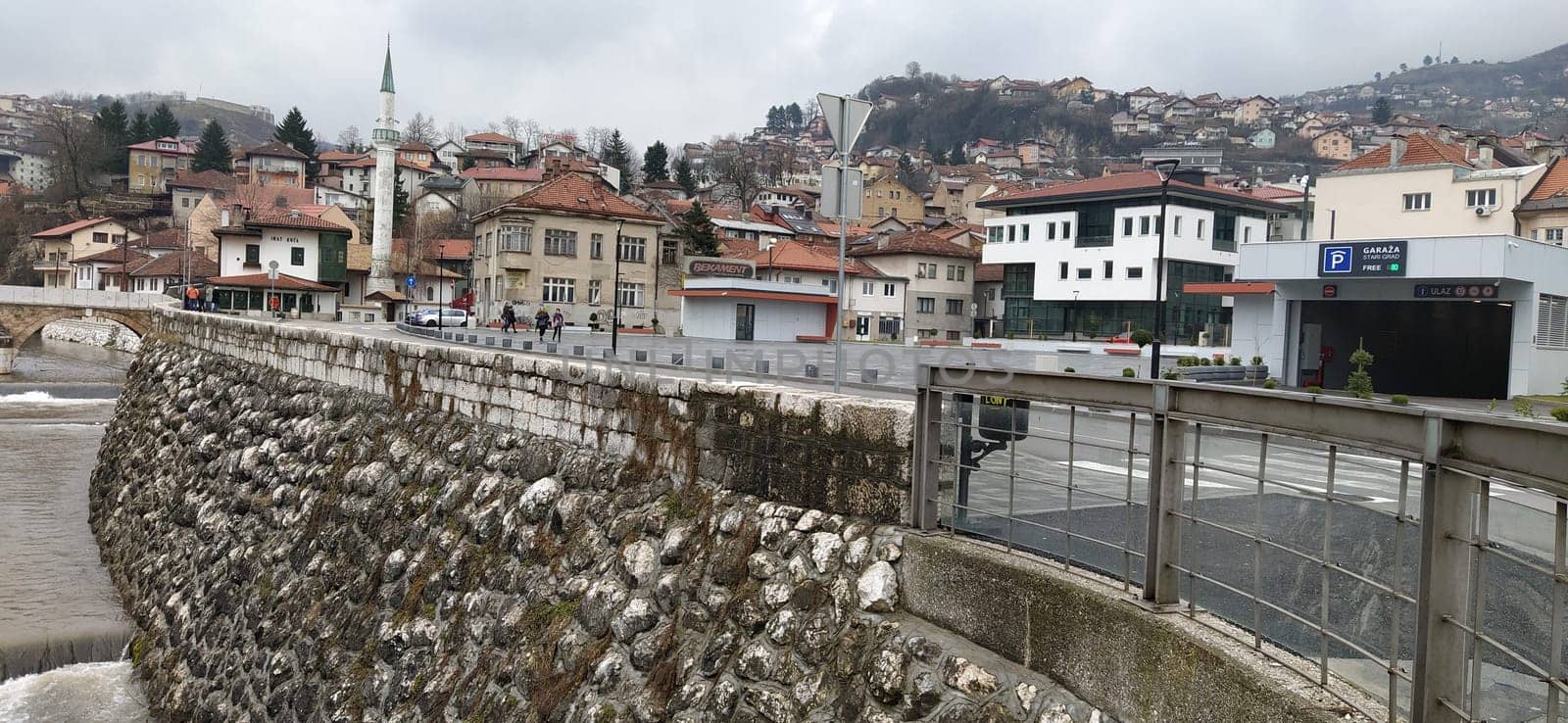 Sarajevo, Bosnia and Herzegovina, March 8, 2020, central streets of Sarajevo. Islamic landmarks and tourist sites. Tourist attractions of Sarajevo. Tourist business, travel and excursions. Balkans.