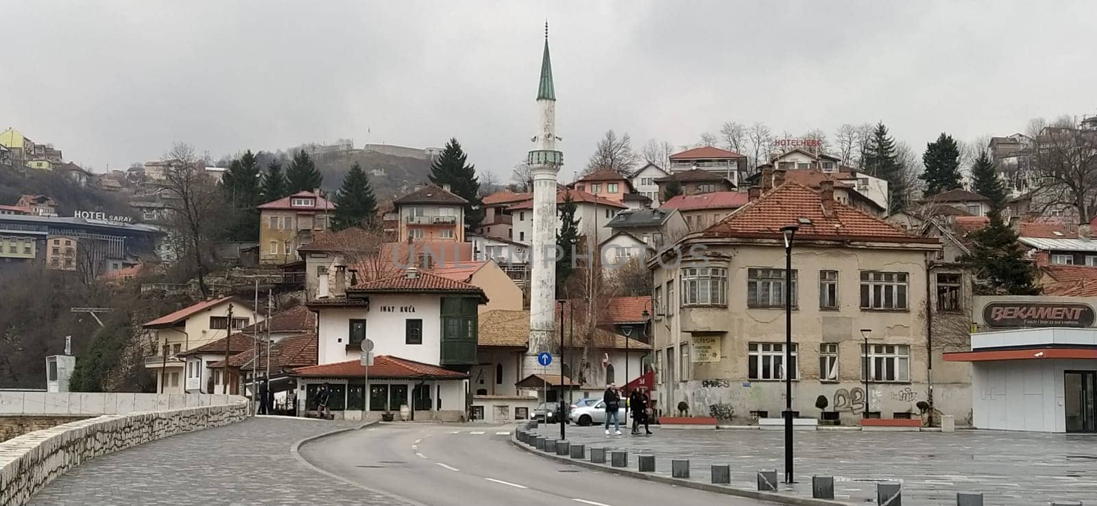 Sarajevo, Bosnia and Herzegovina, March 8, 2020, central streets of Sarajevo. Islamic landmarks and tourist sites. Tourist attractions of Sarajevo. Tourist business, travel and excursions. Balkans.
