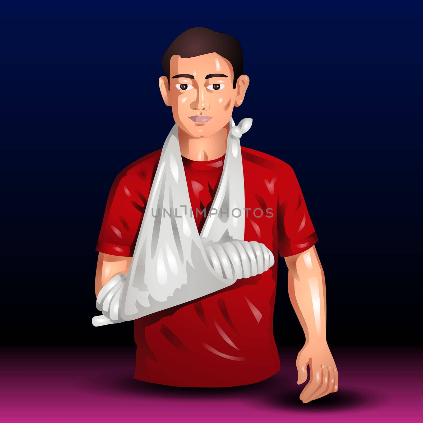 Portrait of young man with broken hand in gypsum isolated on white background