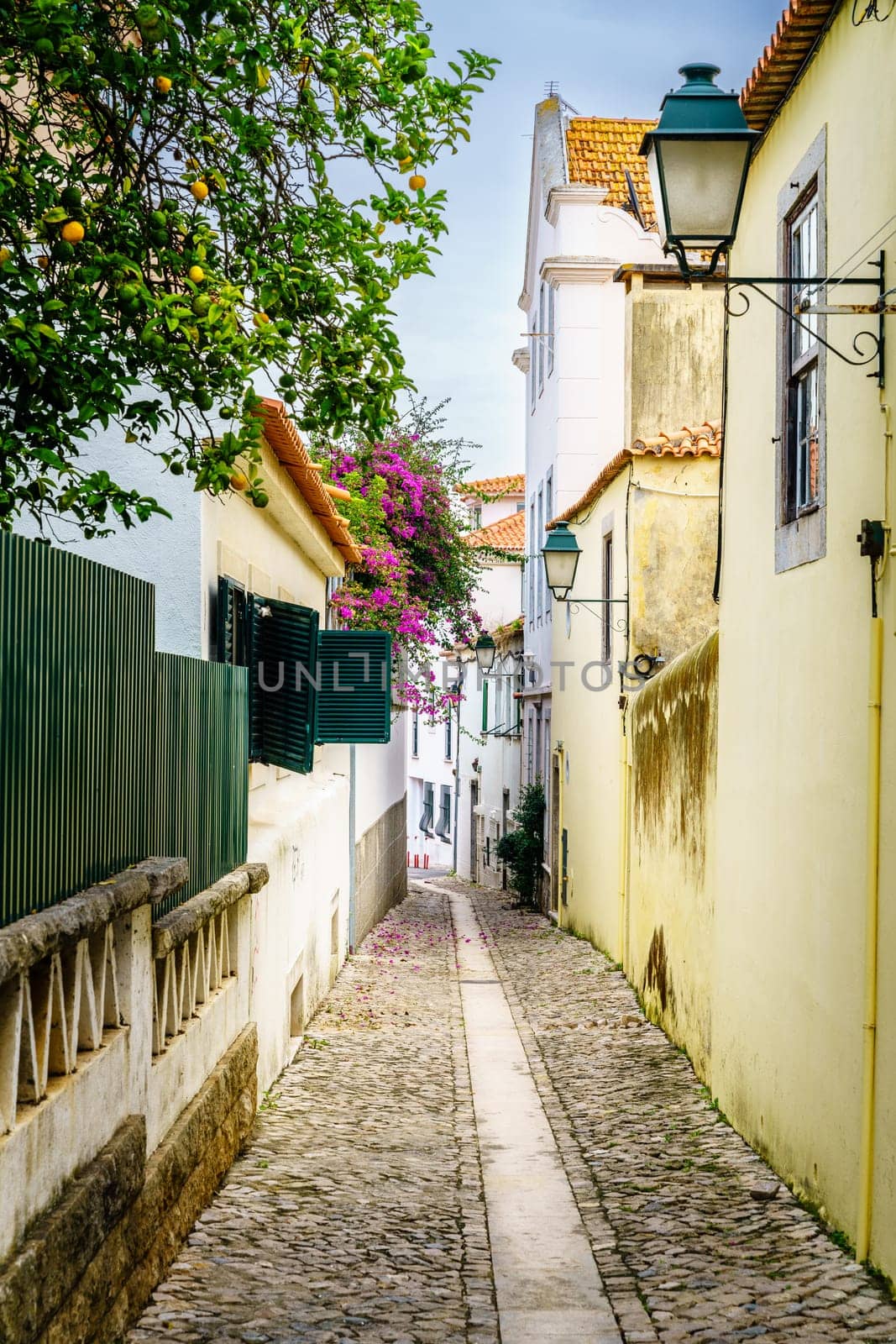 Pedestrian cobblestone street in Cascais, Portugal