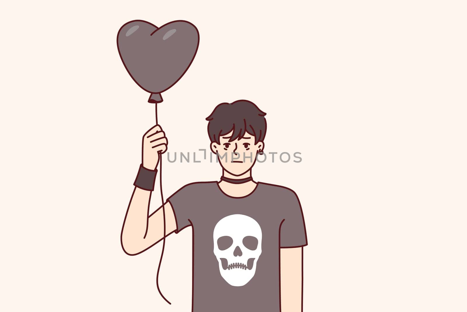 Guy teenager in goth clothes holds black balloon in form of heart for girl he likes from school. Emotionless boy in black t-shirt with skull is fan of informal association of goth subculture