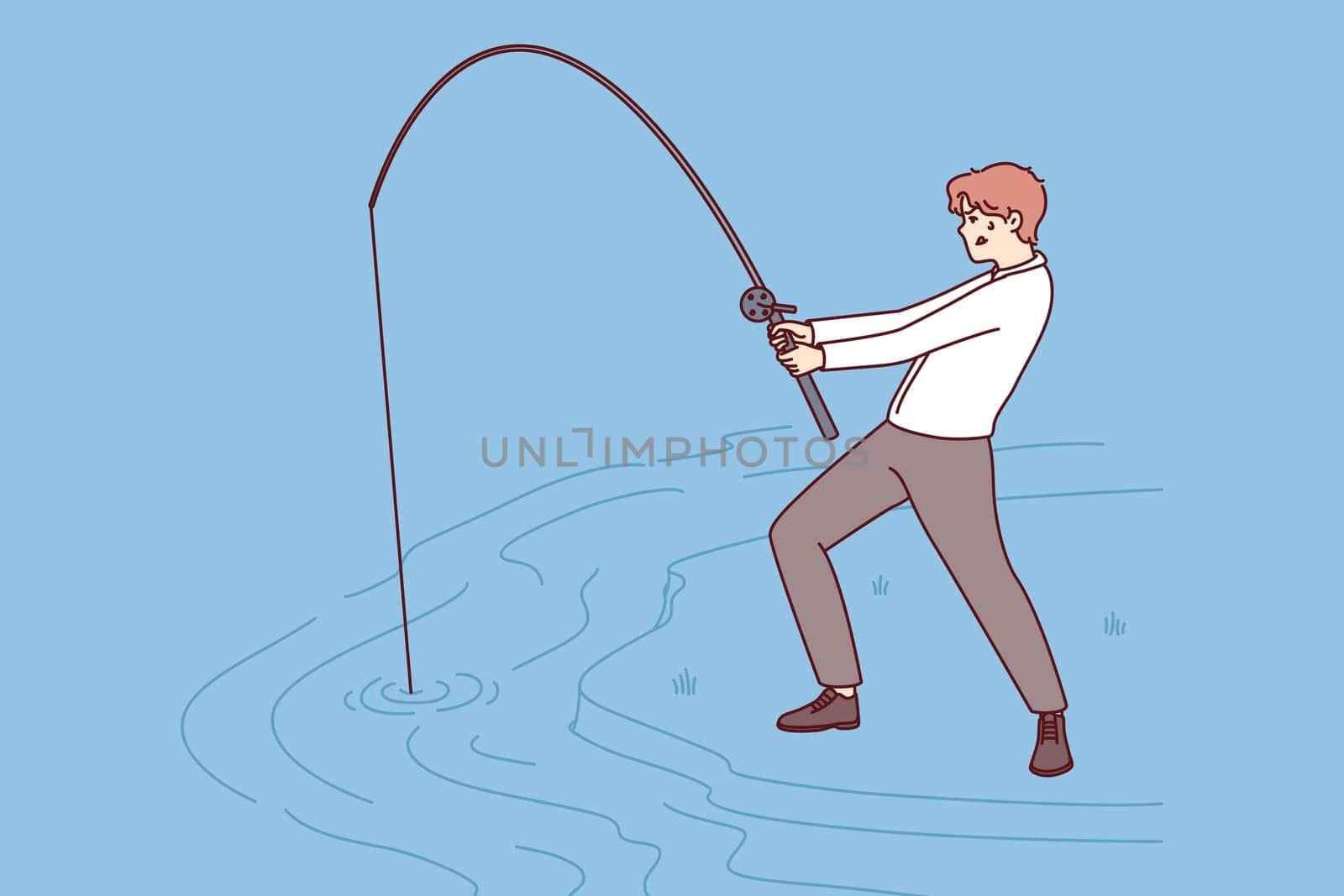 Businessman with fishing rod fishing in river for concept of striving to achieve set goals or attract customers for company. Purposeful man makes efforts to succeed in business or career growth