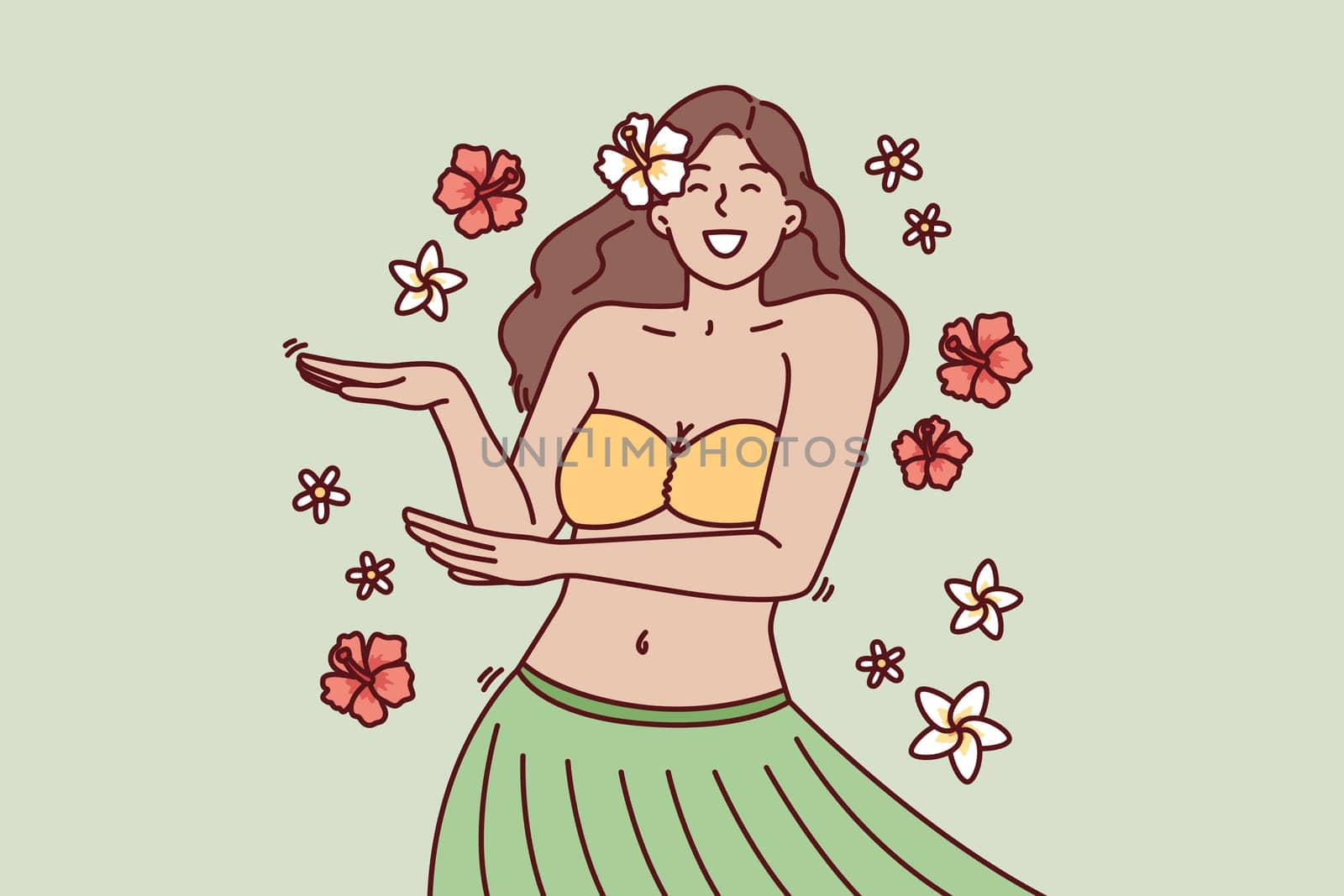 Beautiful girl in exotic outfit dances hula relaxing at Hawaiian resort or theme party in nightclub. Woman with flower in hair performs Hawaiian dance to greet tourists visiting tropical island