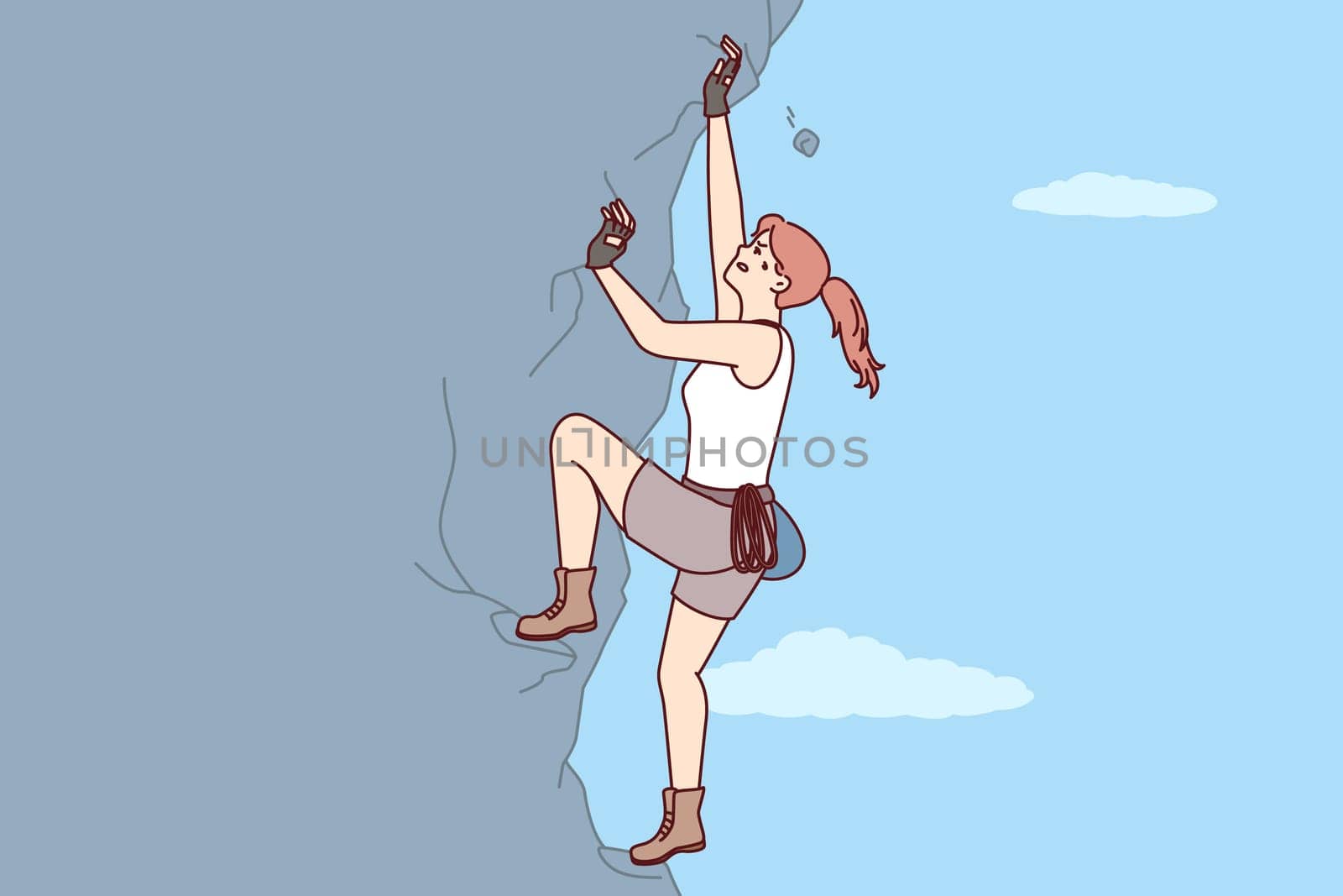 Woman climbs steep cliff to conquer difficult peak without insurance and set new record. Purposeful female rock climber with extreme hobby climbs crag wanting to get new dose of adrenaline