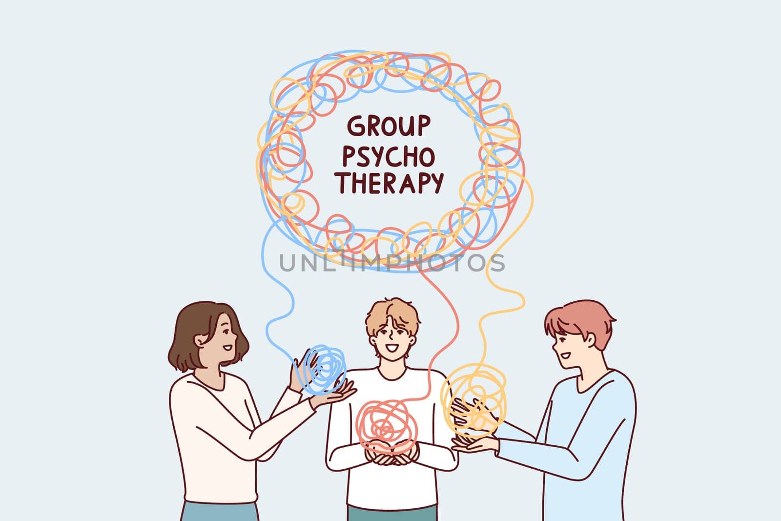 Men in group psychotherapy session trying to solve mental problems at psychiatrist appointment. People at psychotherapist consultation use group techniques for mental health treatment