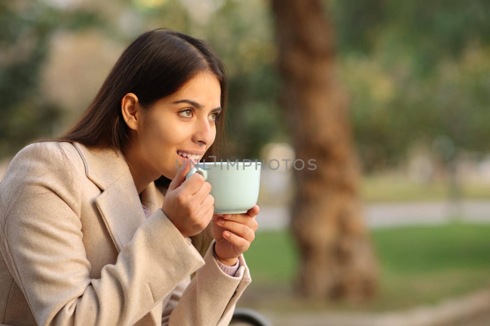 Happy woman looking away drinking coffee in winter sitting on a bench in a park