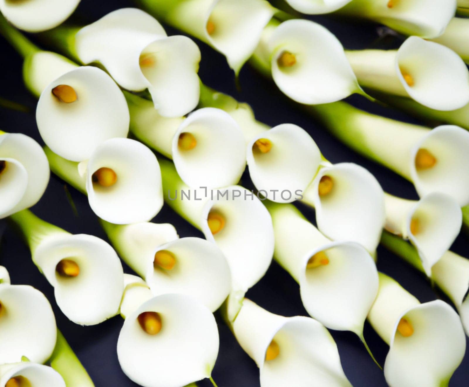 Lovely tender white callas with green leaves. Greeting card or label for product with calla lily scent. Zantedeschia, calla. Pistil-cob.