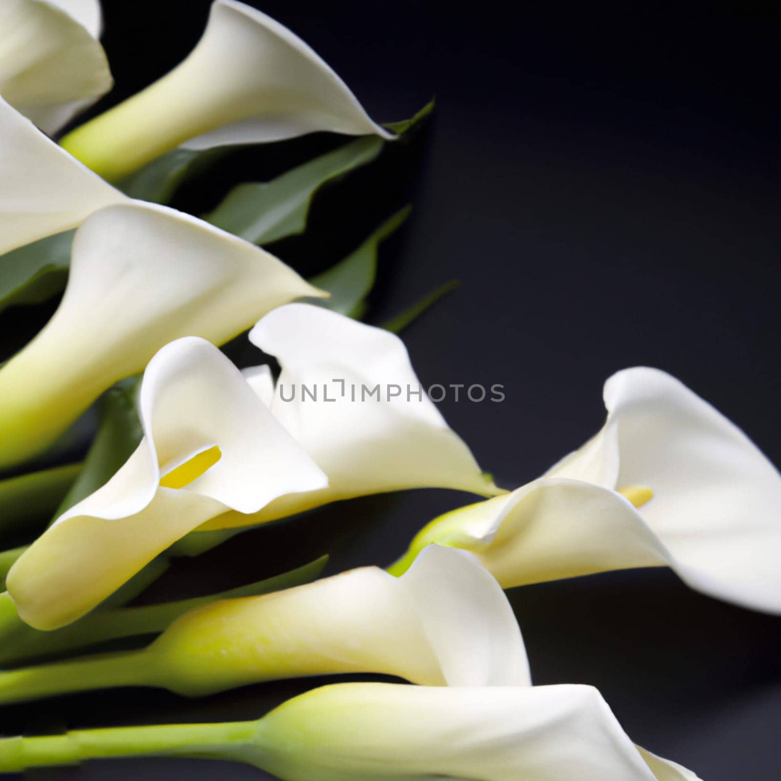 Lovely tender white callas with green leaves. Greeting card or label for product with calla lily scent. Zantedeschia, calla. Pistil-cob.