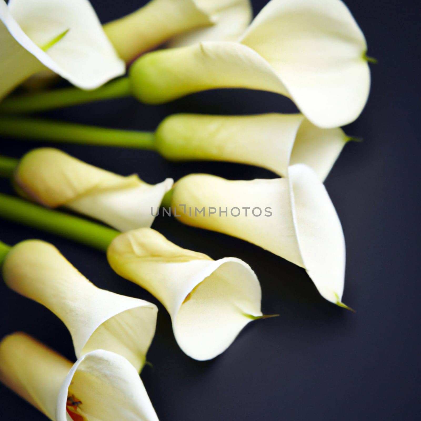 Lovely tender white callas with green leaves. Greeting card or label for product with calla lily scent. Zantedeschia, calla. Pistil-cob.