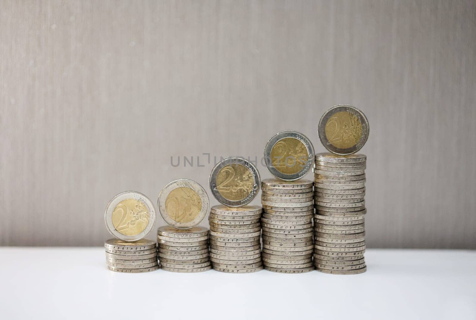 Two euro coins, close-up of a coin with the value of 2 euros.
