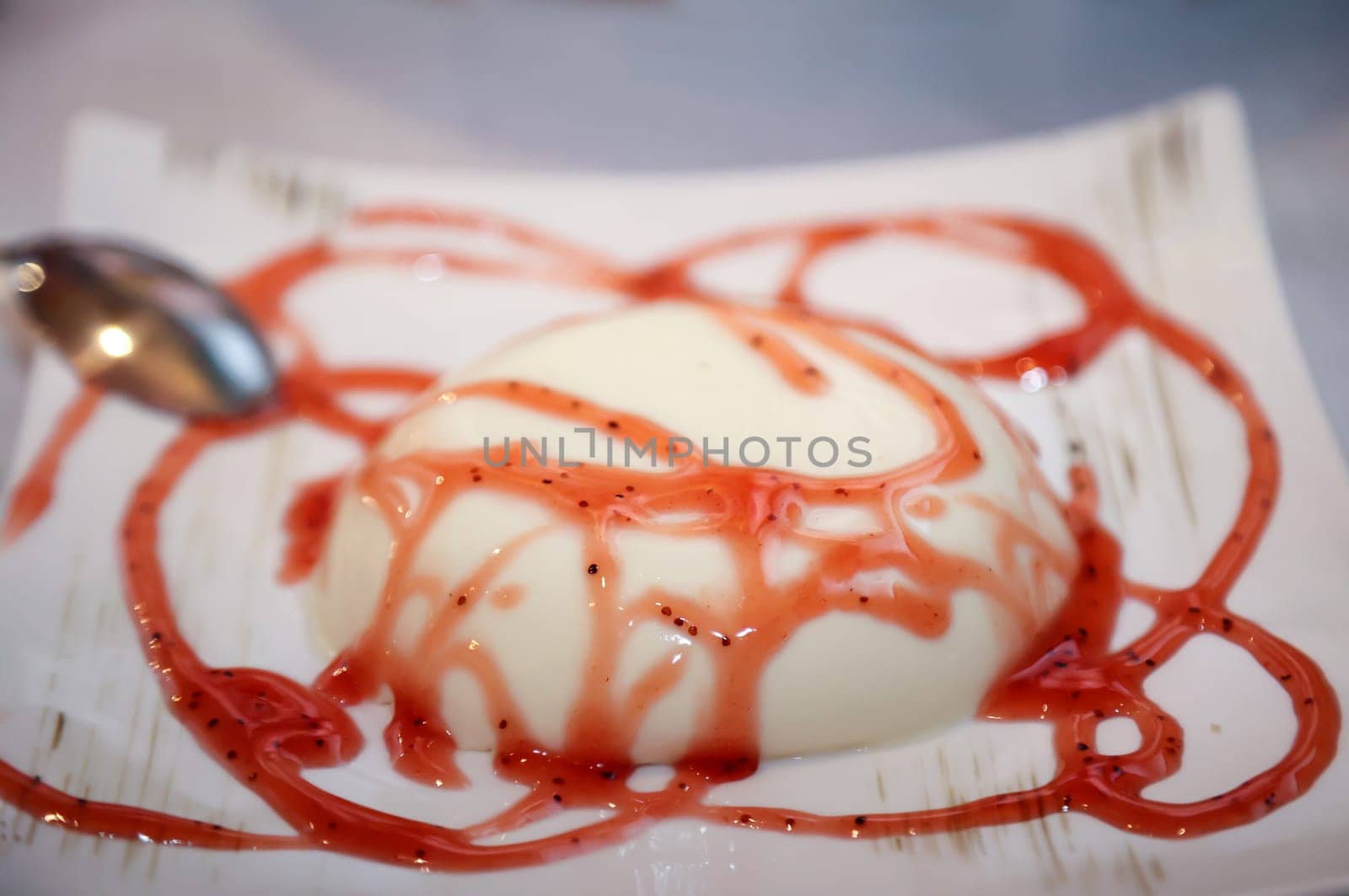 A dessert on a plate, panna cotta with raspberry sauce.