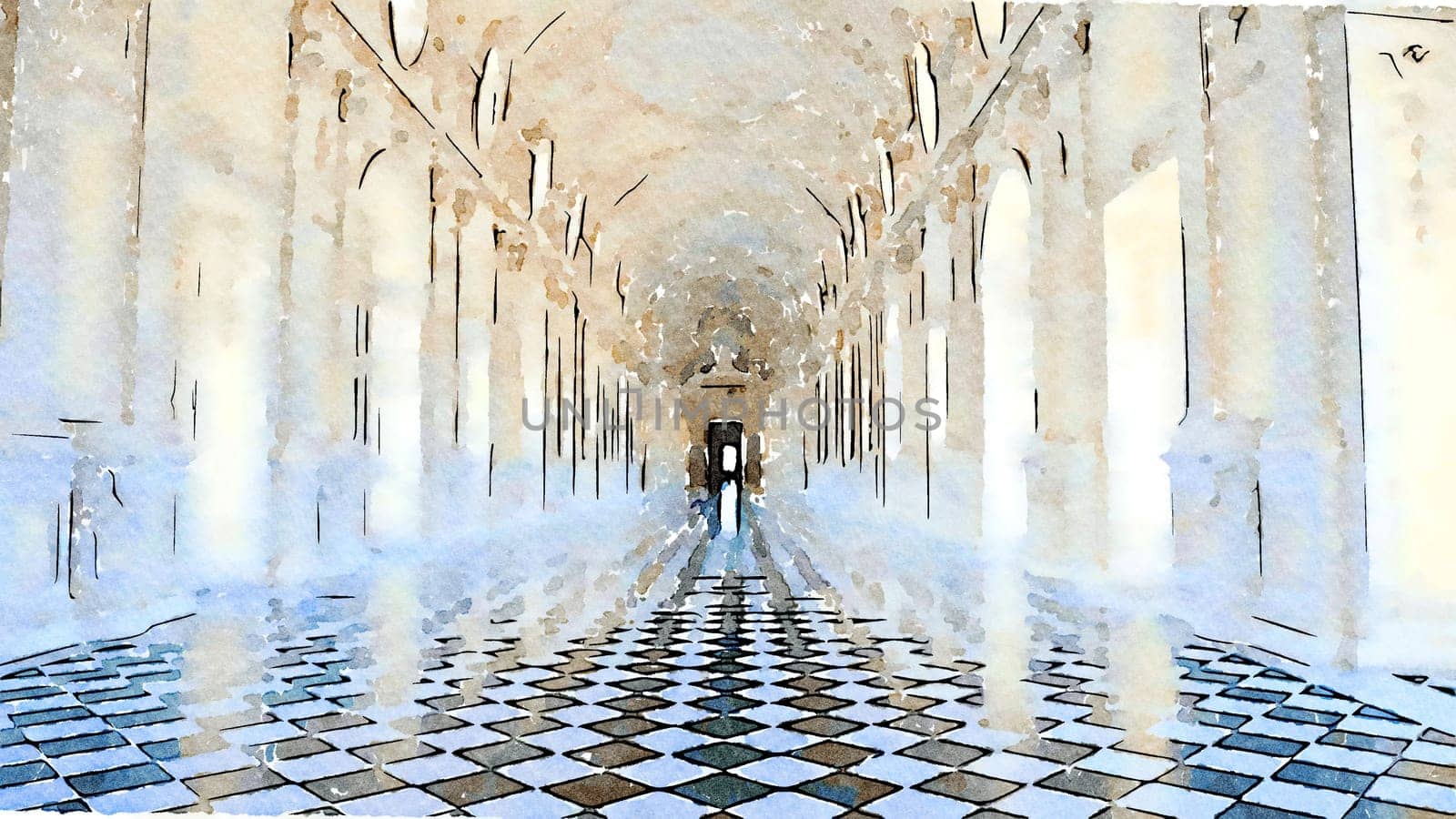 Creative illustration of Reggia di Venaria Reale gallery - Italy. Luxury marbles in baroque Royal Palace