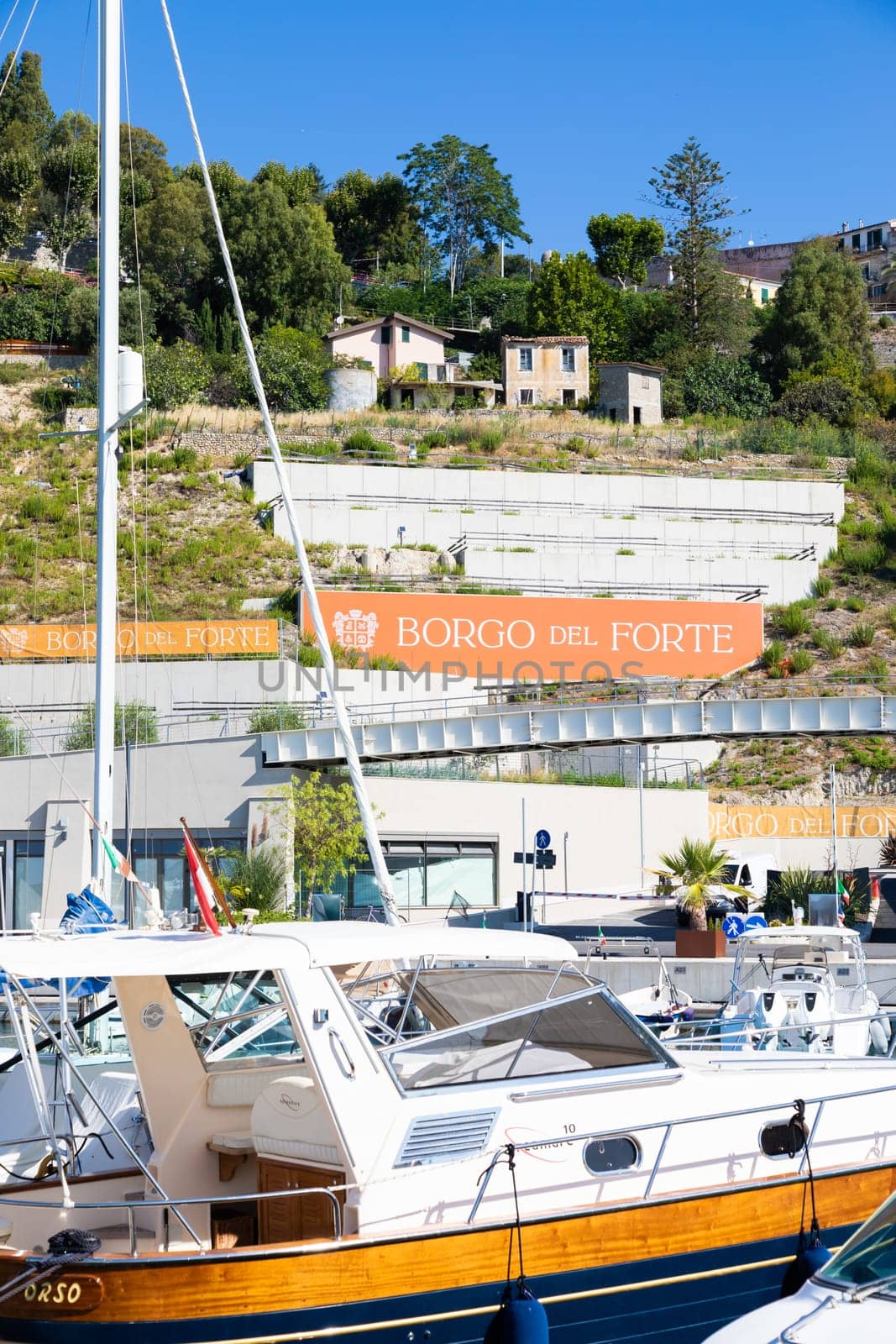 Ventimiglia, Italy - August 2022: the port of Cala del Forte, brand new, state-of-the-art marina property of Monte Carlo