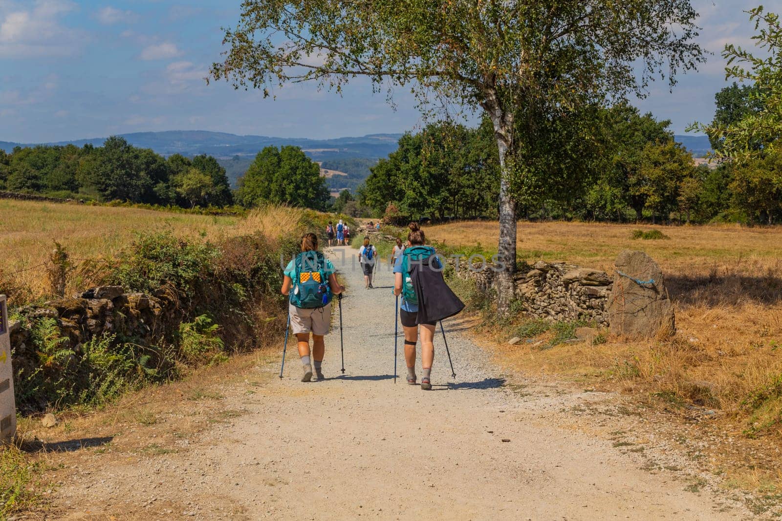 Navarre, Spain, 26 August, 2022: Pilgrims walk along the Camino De Santiago, the Way of St. James pilgrimage route, Navarra, Spain.