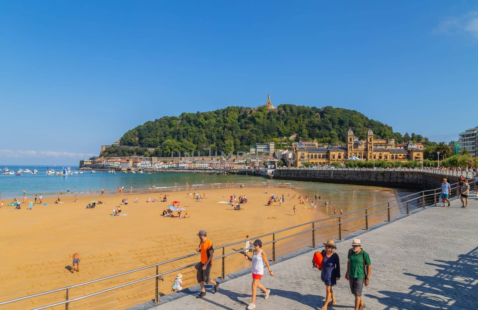 San Sebastian, Basque Country, Spain: August, 20, 2022: Landscape of La Concha beach in the city of San Sebastian, in the Spanish Basque Country