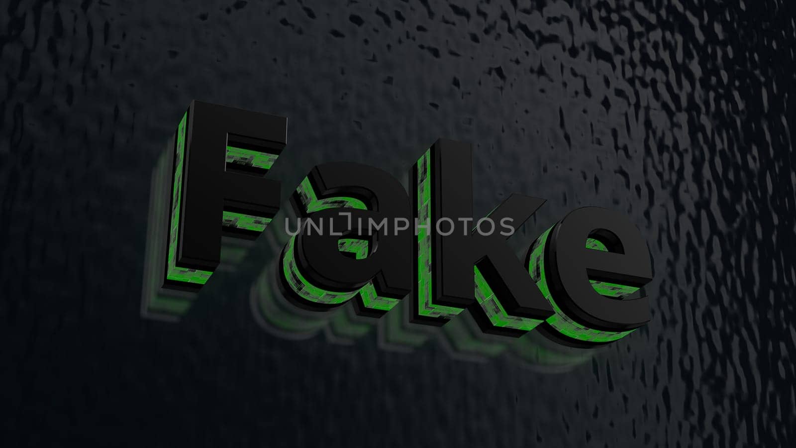 The word FAKE written with black and green waisted 3D letters against reflecting bluish background