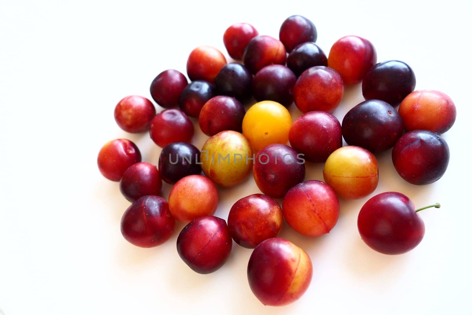Cherry plum on a white background. A yellow-red cherry plum mix just removed from a tree. Delicious fresh plum berries. Appetizing large cherry plum for sale catalog. Food on a white background.