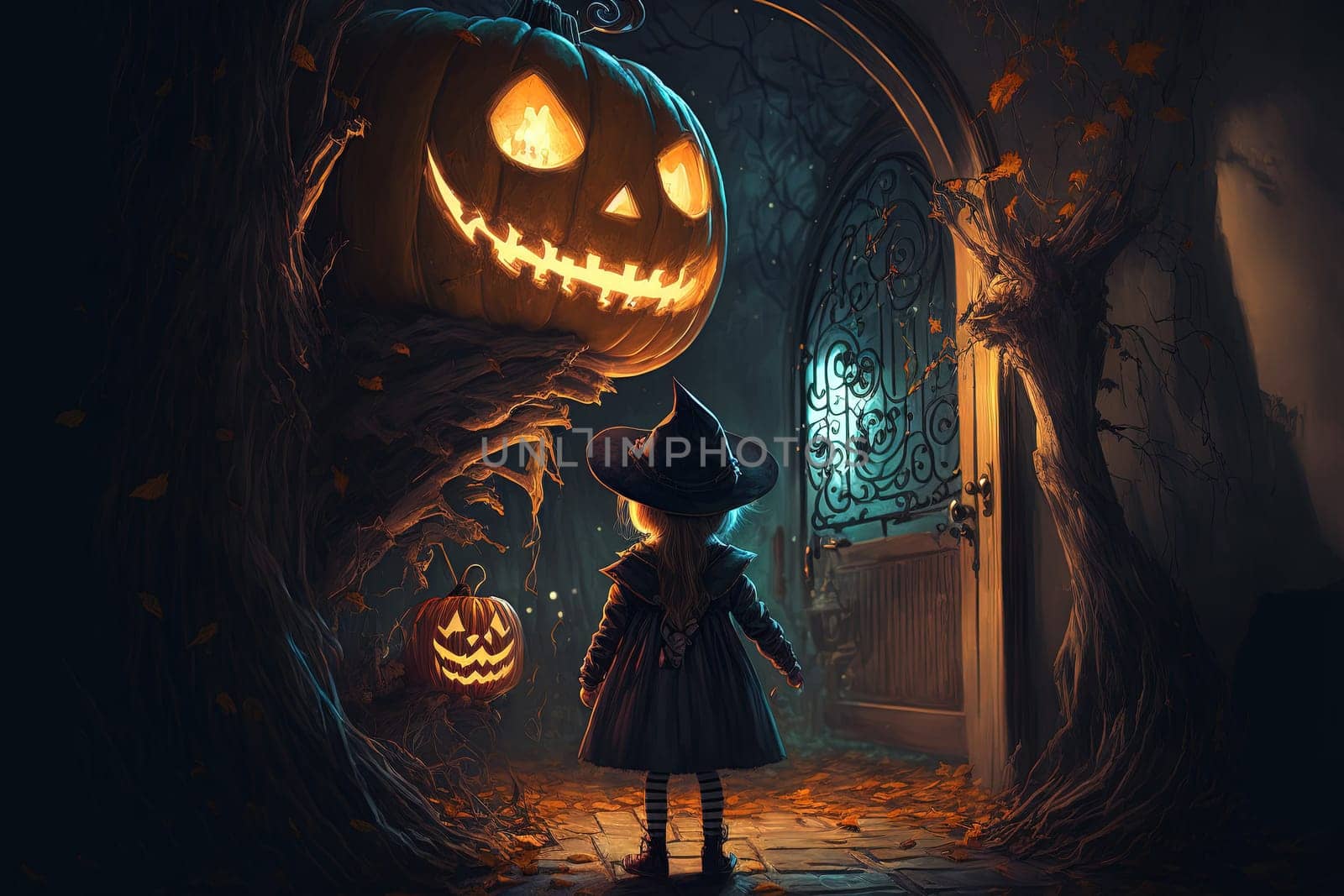 Halloween theme. Little witch looking at big pumpkin created with Generative AI technology.