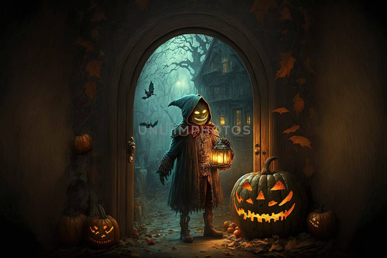 Halloween theme. Ghost and pumpkin created with Generative AI technology.