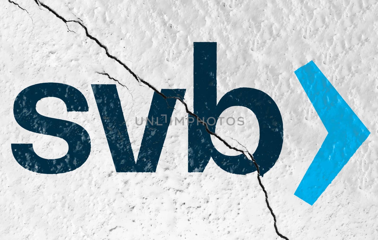 Santa Clara, USA, March 2023: The Silicon Valley Bank logo broken by a crack. In 2023, SVB suffered the second largest bank failure in American financial history. Illustrative editorial. Banking and financial concept