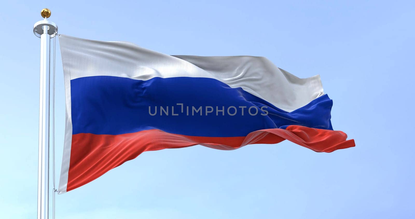 The national flag of Russia waving in the wind on a clear day. White, blue and red horizontal stripes. Russian Federation flag. 3D illustration render. Rippled textile.