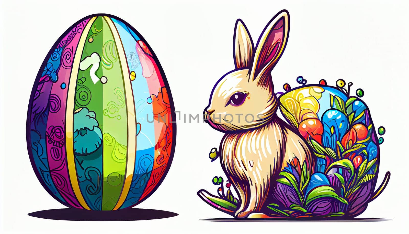 Easter Day Concept. Watercolor easter bunny in the eggs, elements illustrations, cartoon holiday painted background, AI Generative