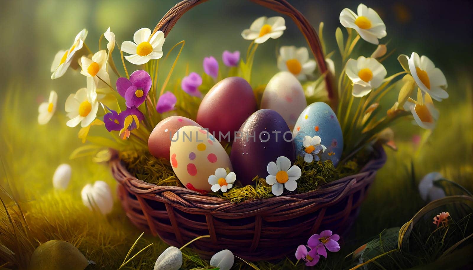 Happy Easter Day Concept. Easter eggs in basket on green grass garden and sunny spring, template banner for website, AI Generative
